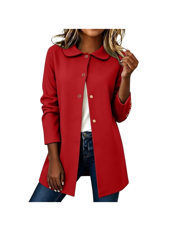 Women's Casual Button Down Cardigan Coat with Peter Pan Collar Solid Color Jacket for Fall and Winter Outfit