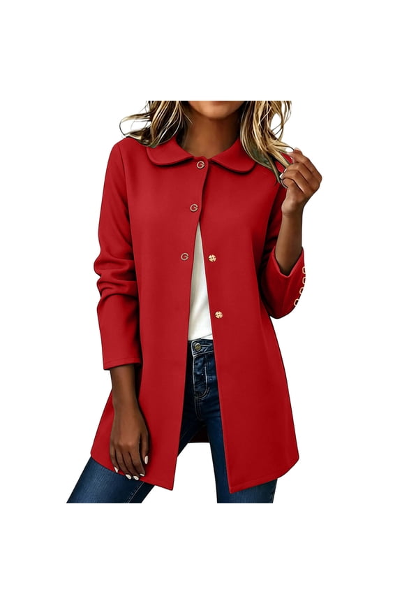 Women's Casual Button Down Cardigan Coat with Peter Pan Collar Solid Color Jacket for Fall and Winter Outfit
