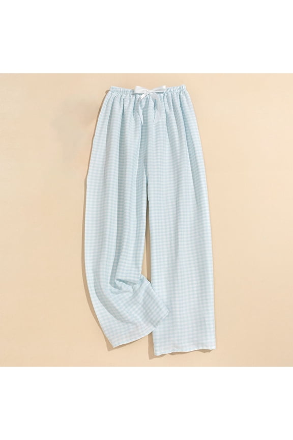Women's Casual Checkered Print Elastic Waist Wide Leg Long Pants Summer Loose and Comfortable Straight-Leg Pants