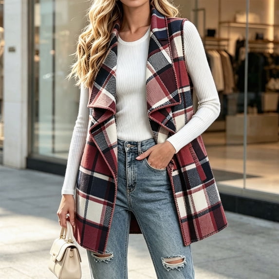 Aimik Women's Casual Longline Plaid Vest Open Front Sleeveless Cardigan ...
