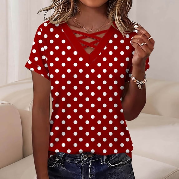 Aimik Women's Casual Random Polka-Dot Print T-Shirt with V-Neck and Short Sleeve Cross-Neckline Summer Summer Top