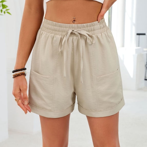 Aimik Women's Casual Shorts Solid Elastic Waist Shorts with Pockets and Drawstring Loose Fit Comfort Summer Pull On Bottoms