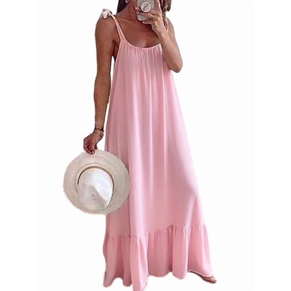 Aimik Women's Casual Sleeveless Spaghetti Strap U-Neck Regular Pleated Plus Size Long Dress Summer Loose Maxi Dress