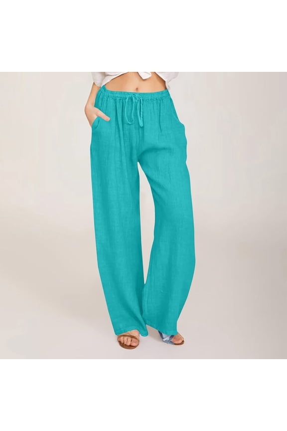 Women's Casual Solid Color Trousers with Drawstring and Pockets Elastic Waist Summer Loose and Breathable Long Pants