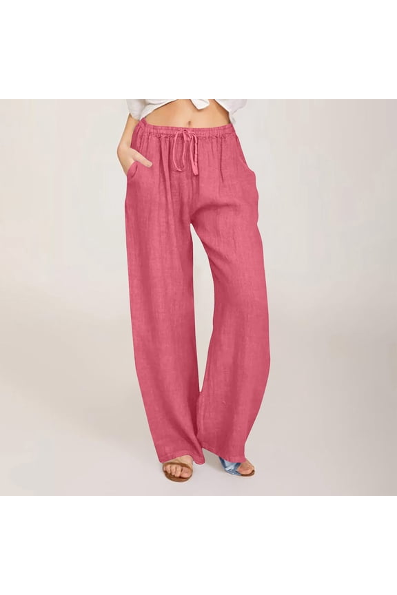 Women's Casual Solid Color Trousers with Drawstring and Pockets Elastic Waist Summer Loose and Breathable Long Pants