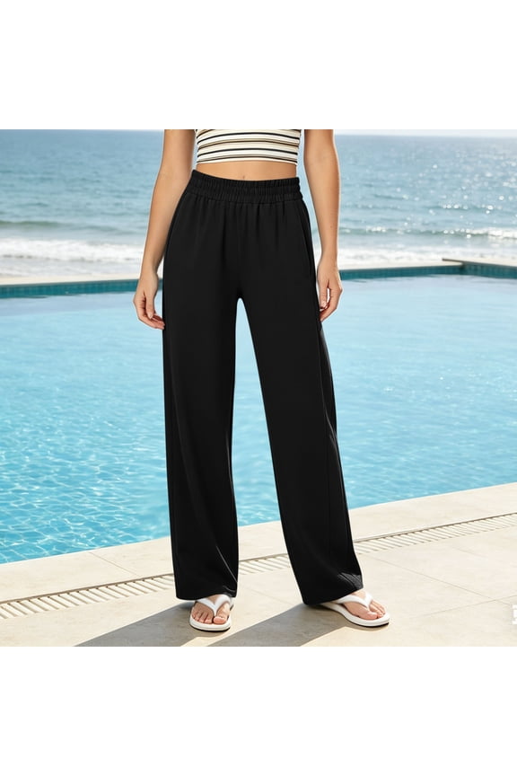 Women's Casual Straight-Leg Pants Fashionable Plain Elastic Waist Pants Summer and Fall Relaxed-Fit Comfort Pants