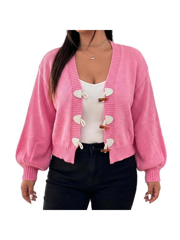 Women's Casual V-Neck Toggle Button Cardigan Ribbed Knit Long Sleeve Sweater Fall Winter Warm Knitwear Tops,Pink,XL