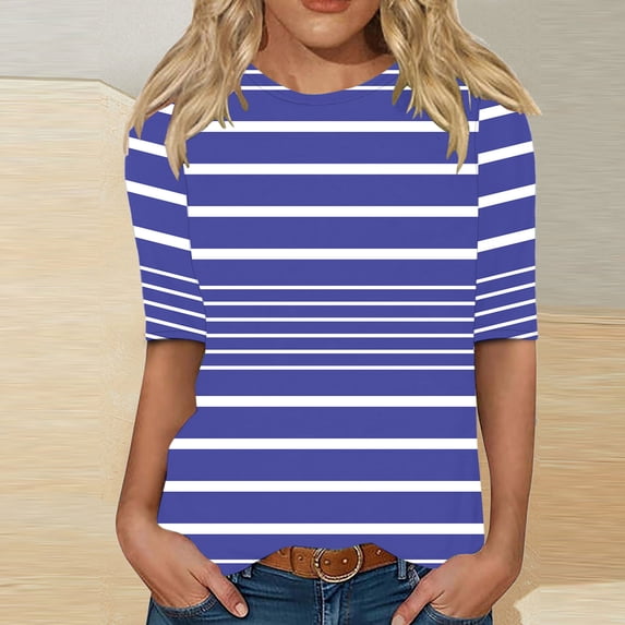 Aimik Women's Classic Horizontal Striped Short Sleeve Crew Neck Tee Basic Versatile T-Shirt for Summer Outfits