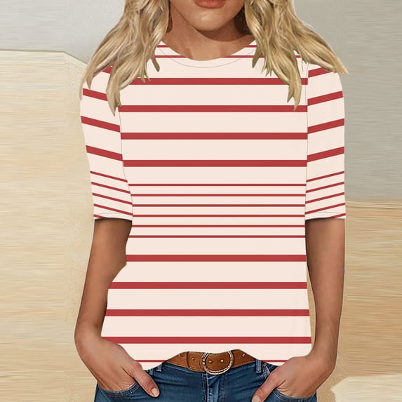 Aimik Women's Classic Horizontal Striped Short Sleeve Crew Neck Tee Basic Versatile T-Shirt for Summer Outfits