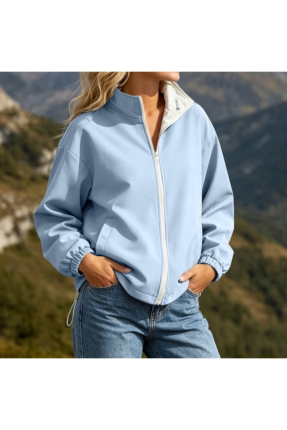 Women's Colorblock Stand Collar Jacket Long Sleeve Zip Up Loose Fit Bomber Coat