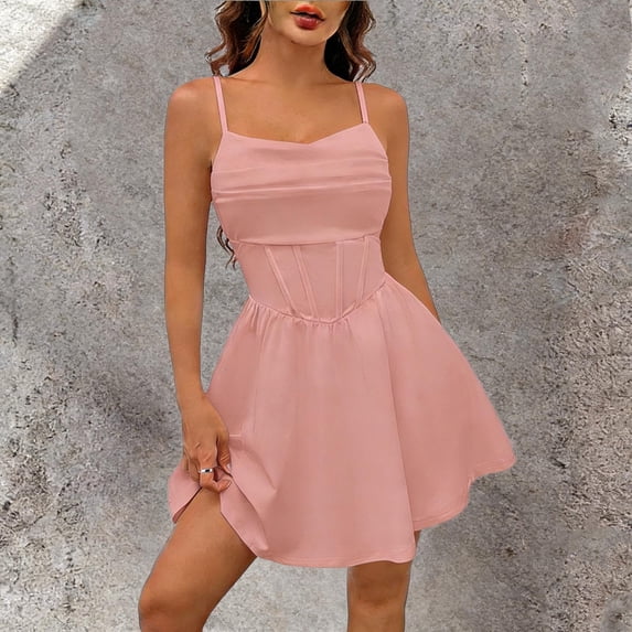 Aimik Women's Corset Mini Dress Summer Spaghetti Strap Ruched Front Solid Mini Skater Dress A-Line Flowy Short Dress