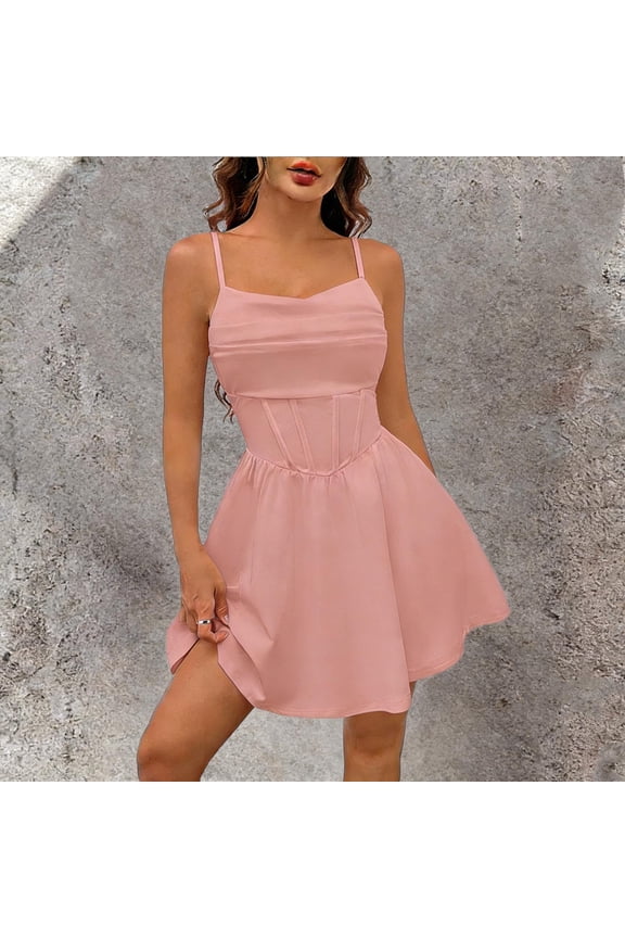 Women's Corset Mini Dress Summer Spaghetti Strap Ruched Front Solid Mini Skater Dress A-Line Flowy Short Dress