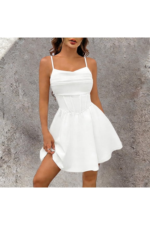 Women's Corset Mini Dress Summer Spaghetti Strap Ruched Front Solid Mini Skater Dress A-Line Flowy Short Dress