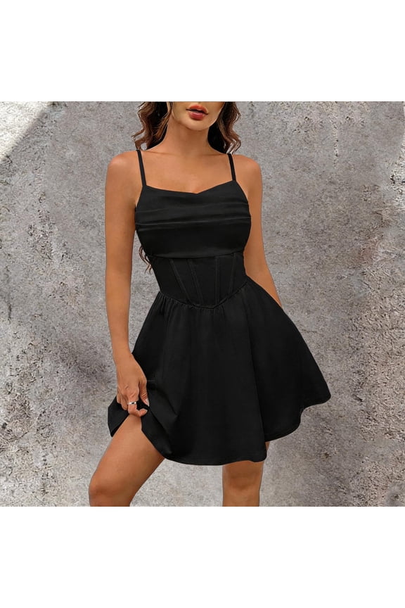 Women's Corset Mini Dress Summer Spaghetti Strap Ruched Front Solid Mini Skater Dress A-Line Flowy Short Dress