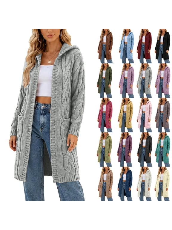 Women's Cozy Hooded Cable Knit Long Cardigan Coat Fall Winter Oversized Open Front Duster Sweater with Pockets,Gray,S
