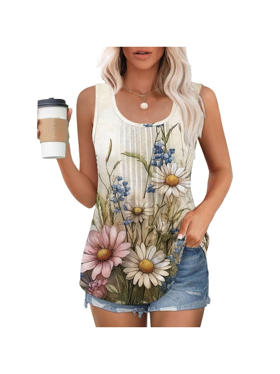 Women's Crew-Neck Sleeveless Fashion Floral Print Plus Size Casual Tops Summer Loose Comfy Women's Tank Tops