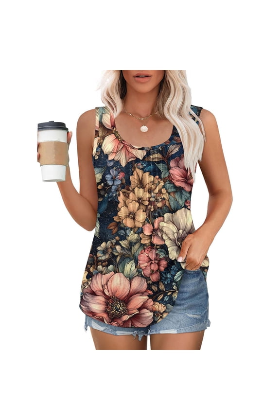 Women's Crew-Neck Sleeveless Fashion Floral Print Plus Size Casual Tops Summer Loose Comfy Women's Tank Tops