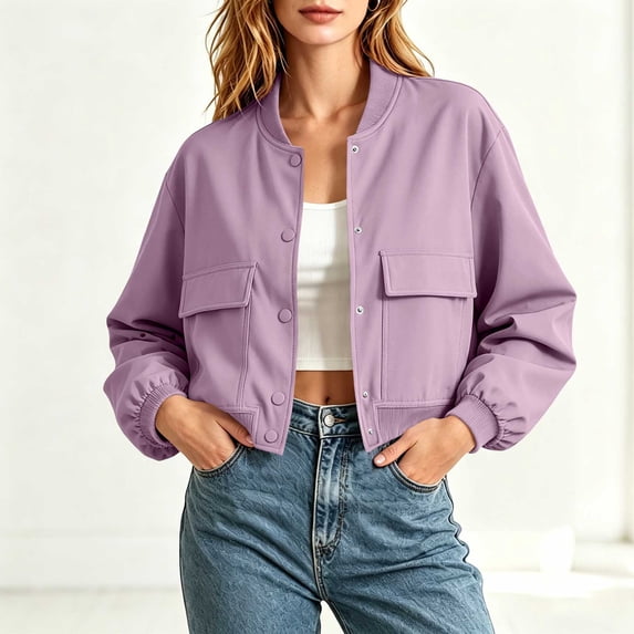 Aimik Women's Cropped Jacket Collared Zip Up Long Sleeve Solid Color Casual Coat Top Spring and Fall Lapel Jacket Coat