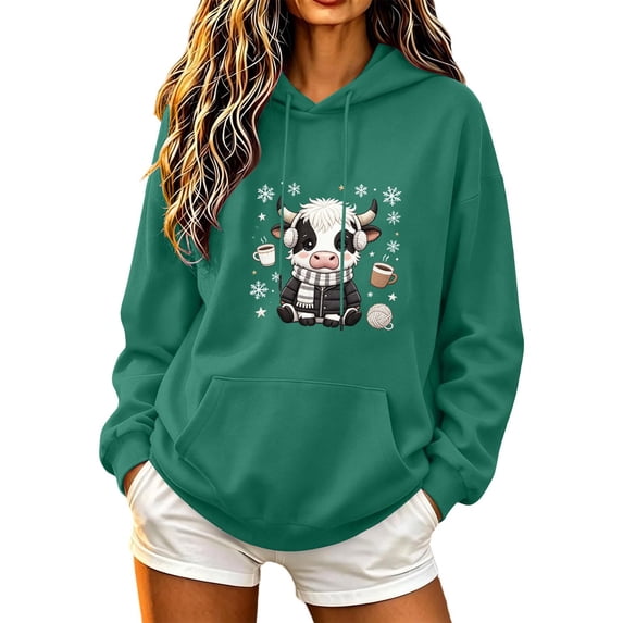 Aimik Women's Cute Cow Graphic Hoodies Sweatshirts Long Sleeve Pullover Tops with Drawstring Pockets Fall Loose Comfy Hoodied Tops