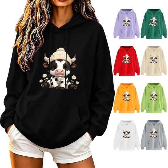 Aimik Women's Cute Cow Graphic Hoodies Sweatshirts Long Sleeve Pullover Tops with Drawstring Pockets Fall Loose Comfy Hoodied Tops