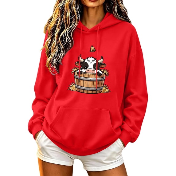 Aimik Women's Cute Cow Graphic Hoodies Sweatshirts Long Sleeve Pullover Tops with Drawstring Pockets Fall Loose Comfy Hoodied Tops