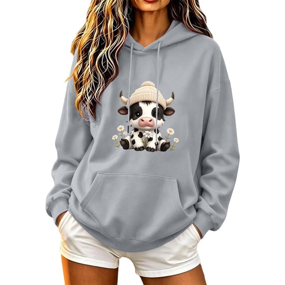 Aimik Women's Cute Cow Graphic Hoodies Sweatshirts Long Sleeve Pullover Tops with Drawstring Pockets Fall Loose Comfy Hoodied Tops