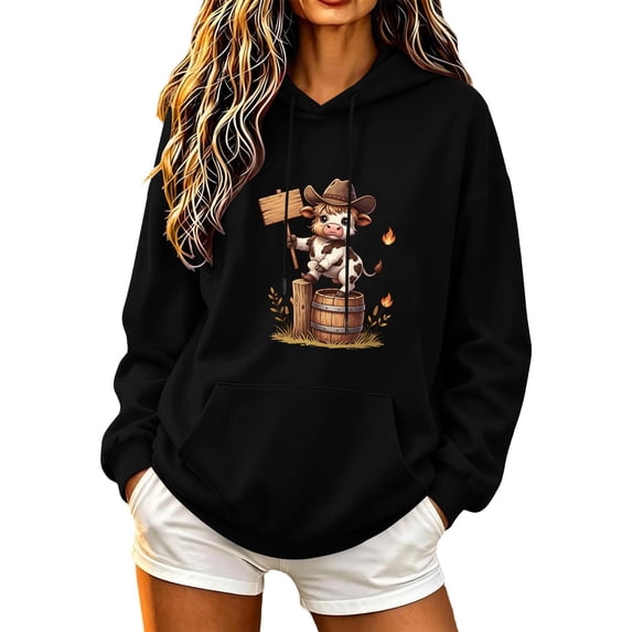 Aimik Women's Cute Cow Graphic Hoodies Sweatshirts Long Sleeve Pullover Tops with Drawstring Pockets Fall Loose Comfy Hoodied Tops