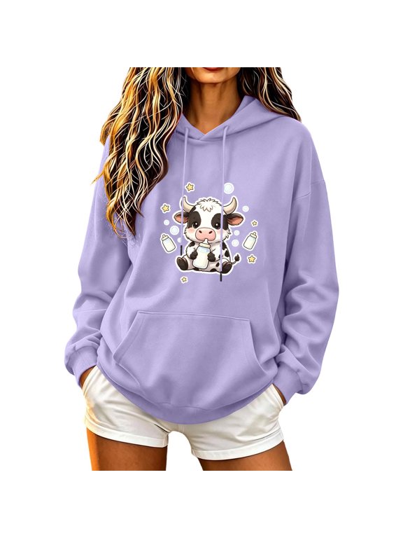 Women's Cute Cow Graphic Hoodies Sweatshirts Long Sleeve Pullover Tops with Drawstring Pockets Fall Loose Comfy Hoodied Tops
