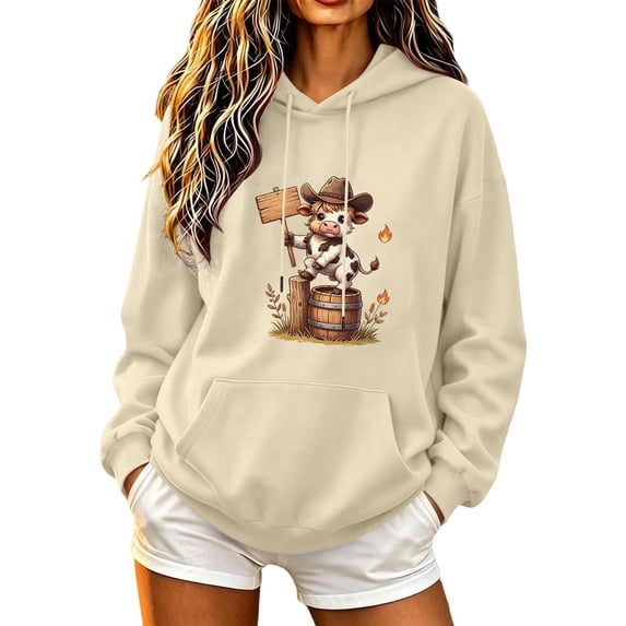 Aimik Women's Cute Cow Graphic Hoodies Sweatshirts Long Sleeve Pullover Tops with Drawstring Pockets Fall Loose Comfy Hoodied Tops