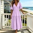 thumbnail image 1 of Aimik Women's Deep V-Neck Puff Short Sleeve Tiered Maxi Dress Smocked Waist Boho A-Line Vacation Dress, 1 of 6