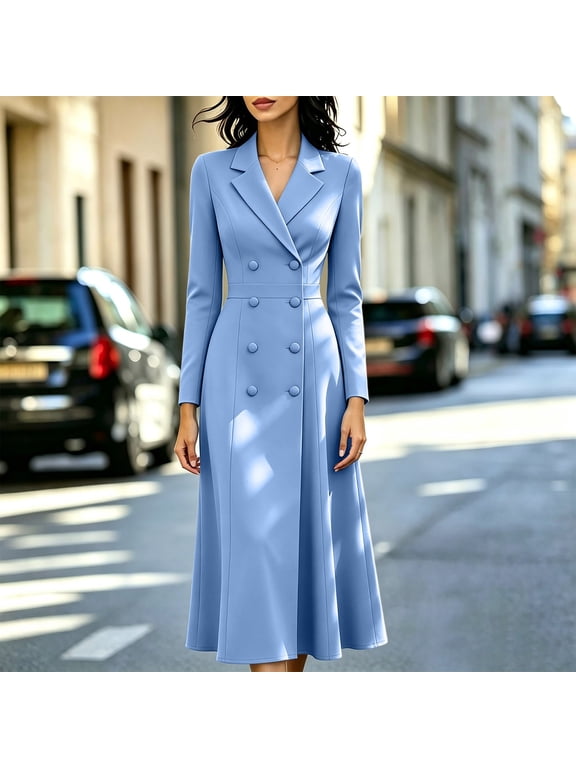 Women's Double Breasted Long Blazer Dress Lapel Collar Work Office Slim Fit Formal Midi Coat Dress