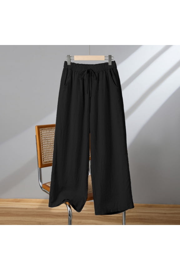 Women's Elastic Waist Cotton Blend Wide Leg Pants Drawstring Casual Loose Trousers with Pockets Breathable Summer Pant