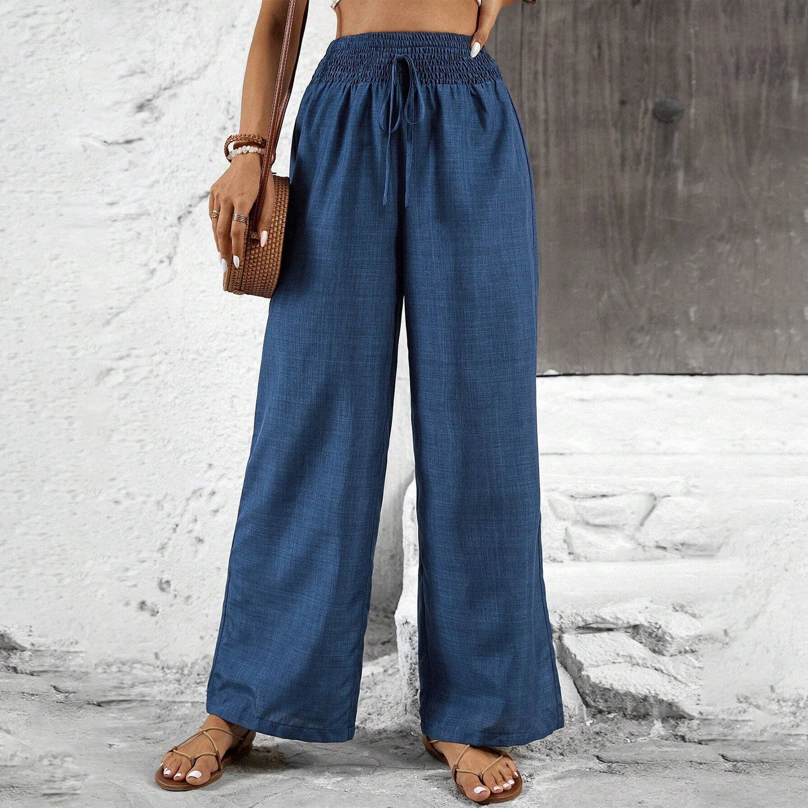 Aimik Women's Elastic Waist Cotton Blend Wide Leg Pants Drawstring ...