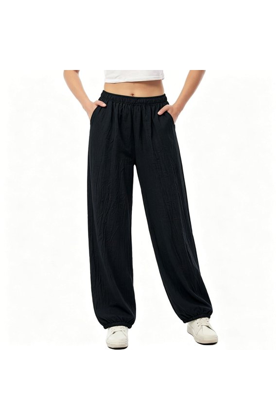 Women's Elastic Waist Crinkle Casual Pants Loose Jogger Trousers with Drawstring Cuffs Comfort Loungewear for Everyday