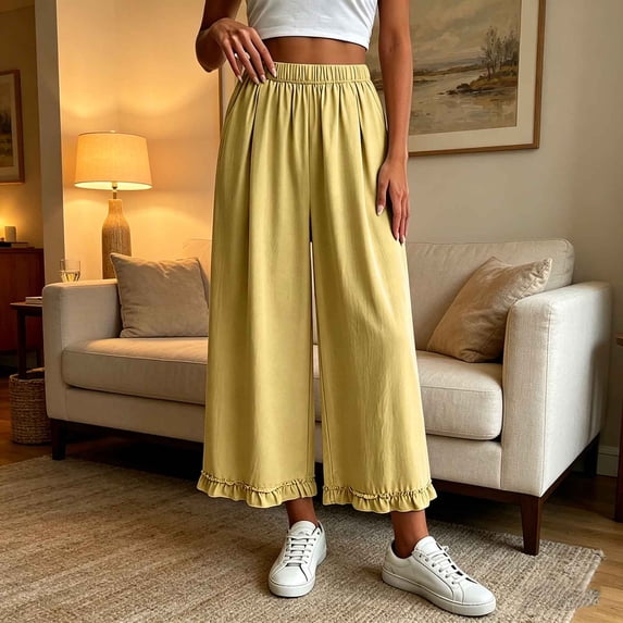 Aimik Women's Elastic Waist Lace Trim Wide Leg Pants Casual Loose Cropped Trousers with Ruffle Hem Breathable Summer Long Pant
