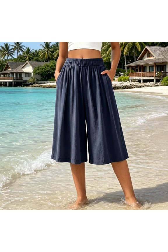 Women's Elastic Waist Plus Size Wide Leg Cropped Pants High Waist Flowy Casual Loose Cropped Pants with Pockets