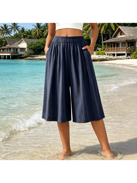 Women's Elastic Waist Plus Size Wide Leg Cropped Pants High Waist Flowy Casual Loose Cropped Pants with Pockets