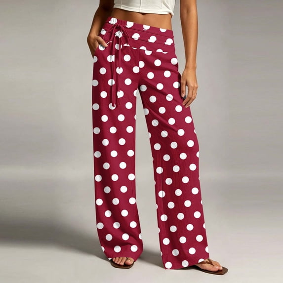 Aimik Women's Elastic Waist Polka Dot Wide Leg Pants Drawstring Casual Loose Trousers Breathable Summer Bottoms