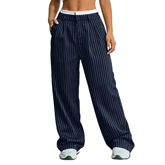 Aimik Women's Elastic Waist Striped Wide Leg Pants Casual Loose Trousers with Contrast Trim Streetwear Multi-Color Style