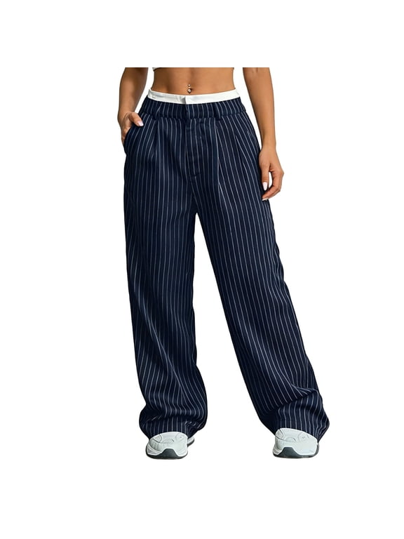Women's Elastic Waist Striped Wide Leg Pants Casual Loose Trousers with Contrast Trim Streetwear Multi-Color Style
