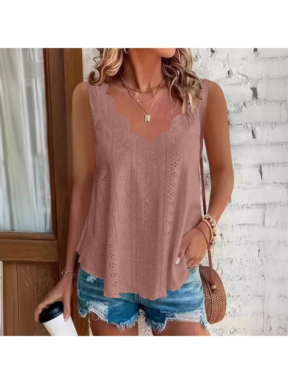 Women's Eyelet Embroidery Plus Size Tank Tops Summer Solid Color V Neck Sleeveless Swing Beach Vest Flowy Camisole Tops