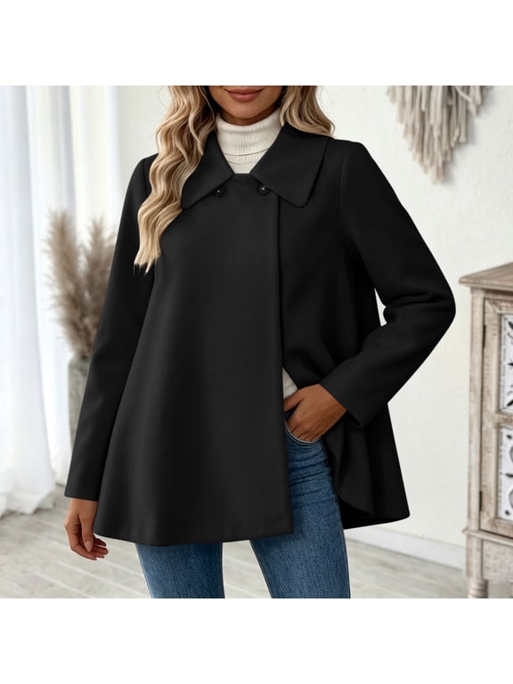 Women's Fall Winter Coat Peter Pan Collar Double Breasted A-Line Jacket Casual Loose Overcoat for Daily Wear