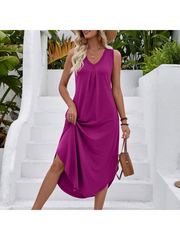 Women's Fashion Solid Color V-Neck Sleeveless Mid-Calf Dress with Pockets Summer Casual and Comfortable Long Dress