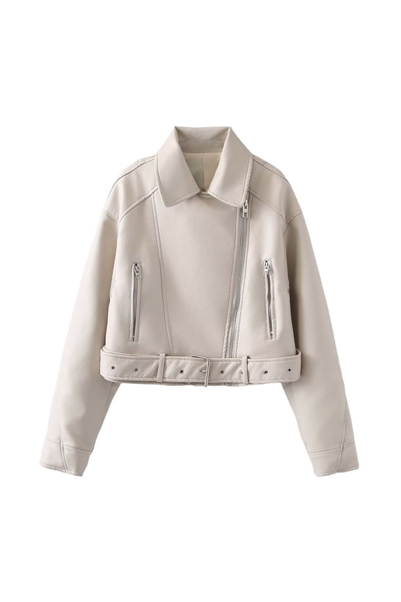 Women's Faux Leather Motorcycle Jacket with Belted Waist and Zip Pockets Collared Cropped Moto Coat for Fall