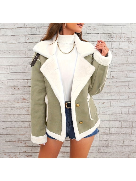 Women's Faux Suede Leather Jacket with Sherpa Lining Winter Warm Fuzzy Collar Coat Button Down Outerwear