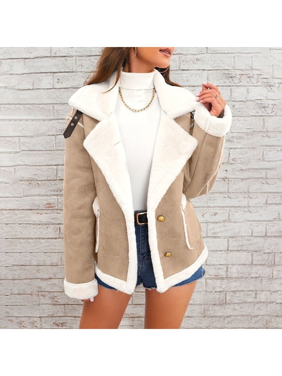 Women's Faux Suede Leather Jacket with Sherpa Lining Winter Warm Fuzzy Collar Coat Button Down Outerwear