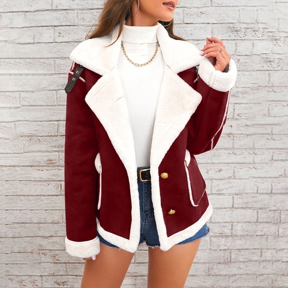Aimik Women's Faux Suede Leather Jacket with Sherpa Lining Winter Warm Fuzzy Collar Coat Button Down Outerwear