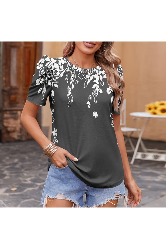 Women's Floral Print Blouse Summer Round Neck Puff Short Sleeve Daily Shirts Lightweight Loose Casual Shirt Tops