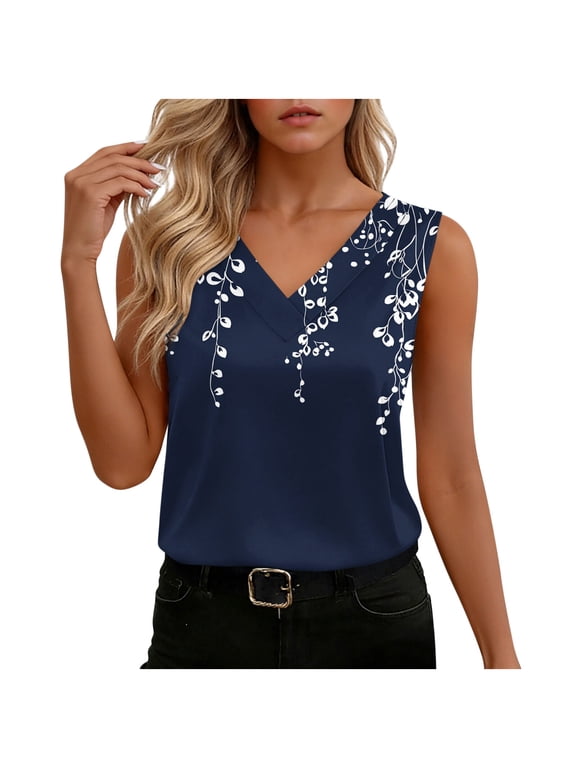 Women's Floral Print Satin V-Neck Sleeveless Plus Size Top Summer Fashion Loose Womens Navy Tank Tops