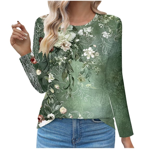 Aimik Women's Flower Print Long Sleeve Round Neck Blouse Loose Fit Fall Tunic Shirt for Work Fashion Comfort Womens Blouse